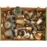 Fifteen English musical handbells, early - late 19th c, several with leather handle, various sizes