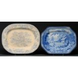 A Brameld blue printed earthenware Peasant pattern meat dish, c1820-30, 42.5cm l, impressed mark,