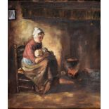 After Johan Bernard de Hoog - By the Fireside,  dated 1945 and inscribed, oil on canvas, 34 x 29cm