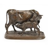 A bronze animalier sculpture of cow and calf, cast from a model by Pierre-Jules Mene, rich brown