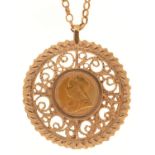 Gold coin. Sovereign 1898, mounted in 9ct gold openwork pendant, on a gold chain, 35.6g Good