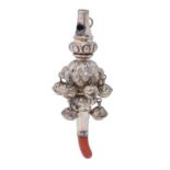 A Victorian silver baby's rattle, with whistle and coral handle, 12.8cm, part marked, 2ozs 5dwts
