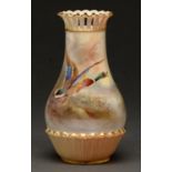 A Royal Worcester vase, 1908, with pierced neck, painted by Jas Stinton, signed, with flighting