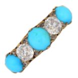 A turquoise and diamond ring, c1900, with old cut diamonds, in gold marked 18ct, 4.9g, size O