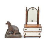 Miniature furniture. A softwood and straw work mirror fronted dressing chest, 19th c, 25cm h and a