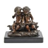 A miniature bronze sculpture of two putti, 19th / early 20th c, uneven rich brown patina on Marmo