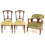 A Victorian walnut tub chair and a pair of contemporary side chairs Condition evident from image