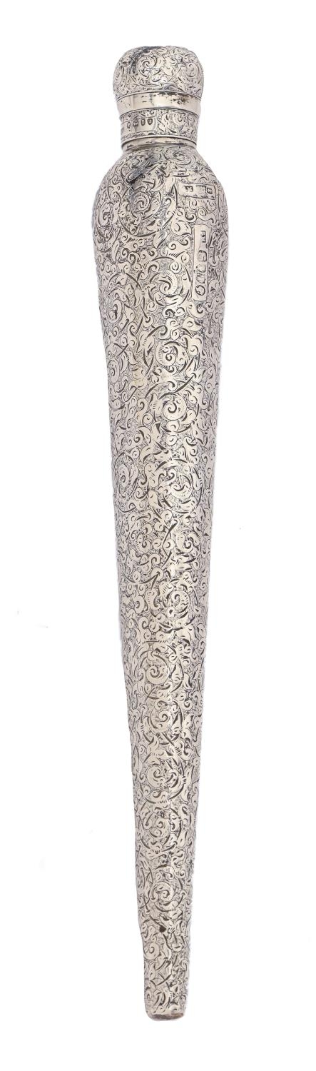 A Victorian silver 'icicle' scent bottle and threaded cap, foliate engraved overall, 25.5cm l, by