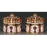 A pair of Royal Crown Derby Imari pattern boxes and covers, 1928 and 1929, 10.5cm h, printed mark