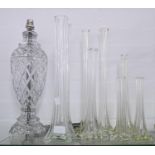 A cut glass table lamp, 39cm h and eight specimen vases, including two pairs, 49cm and smaller
