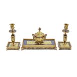 A French 'Chinese' famille jaune gilt brass and champleve enamel desk set, c1880, comprising inkwell