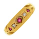 A Victorian ruby and diamond ring, gypsy set in 18ct gold, Birmingham 1892, 2.6g, size S Wear to