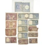Miscellaneous banknotes, including Government of Ceylon 10 Rupees, damaged