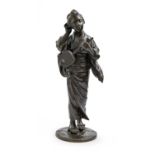 A Japanese bronze sculpture of a musician, the young woman holding a samisen and bachi, her right