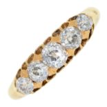 A Victorian five stone diamond ring, in 18ct gold, London 1891, 3.2g, size O Several claws worn