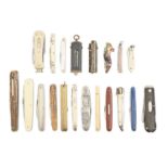Twenty folding knives and related articles, 19th c and later, various material, including