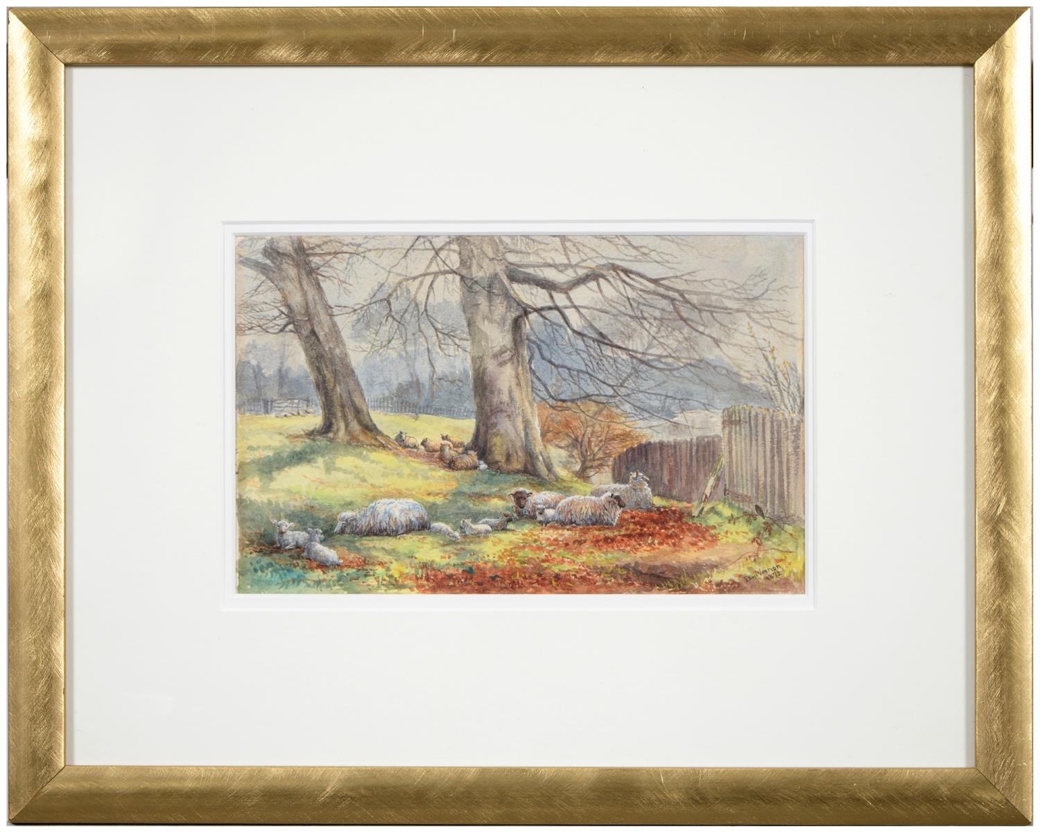 Ellen Vernon, 1872  -  Sheep and Lambs beneath a Tree, signed and dated, watercolour, 15 x 24.5cm - Image 5 of 6