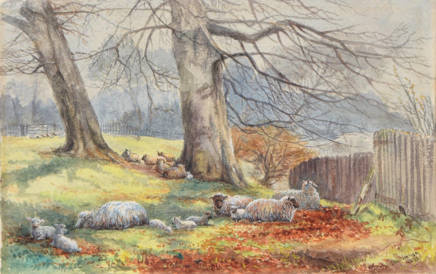 Ellen Vernon, 1872  -  Sheep and Lambs beneath a Tree, signed and dated, watercolour, 15 x 24.5cm - Image 4 of 6