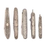 Two silver fruit knives and three other folding knives, all with silver scales, 19th c, 55-77mm l,