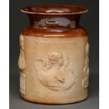 A rare English saltglazed brown stoneware alms  jar and slotted cover, possibly Derbyshire, c1830