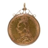 Gold coin. Sovereign 1898M, in 9ct gold pendant, 8.9g Condition evident from image