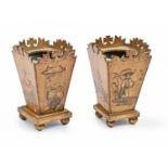 A pair of Regency style japanned wood vases, first half 20th c, of tapered square shape and