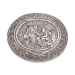 An Edwardian silver snuff box, the lid stamped with figures at a hearth, 50mm l, import marked,
