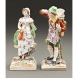 A pair of Volkstedt figures of a youth and girl, early 20th c, on square base, 20cm h, underglaze