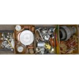 Miscellaneous metalware and wooden items, including a clock, barometer, model coronation carriage,