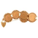 Gold coins. A gold bracelet with six sovereigns, comprising 1886, 1889, 1900P, 1907, 1912 and