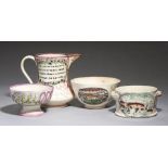 A Sunderland purple lustre pearlware jar, jug and two bowls, c1830-40 and mid 19th c, printed in