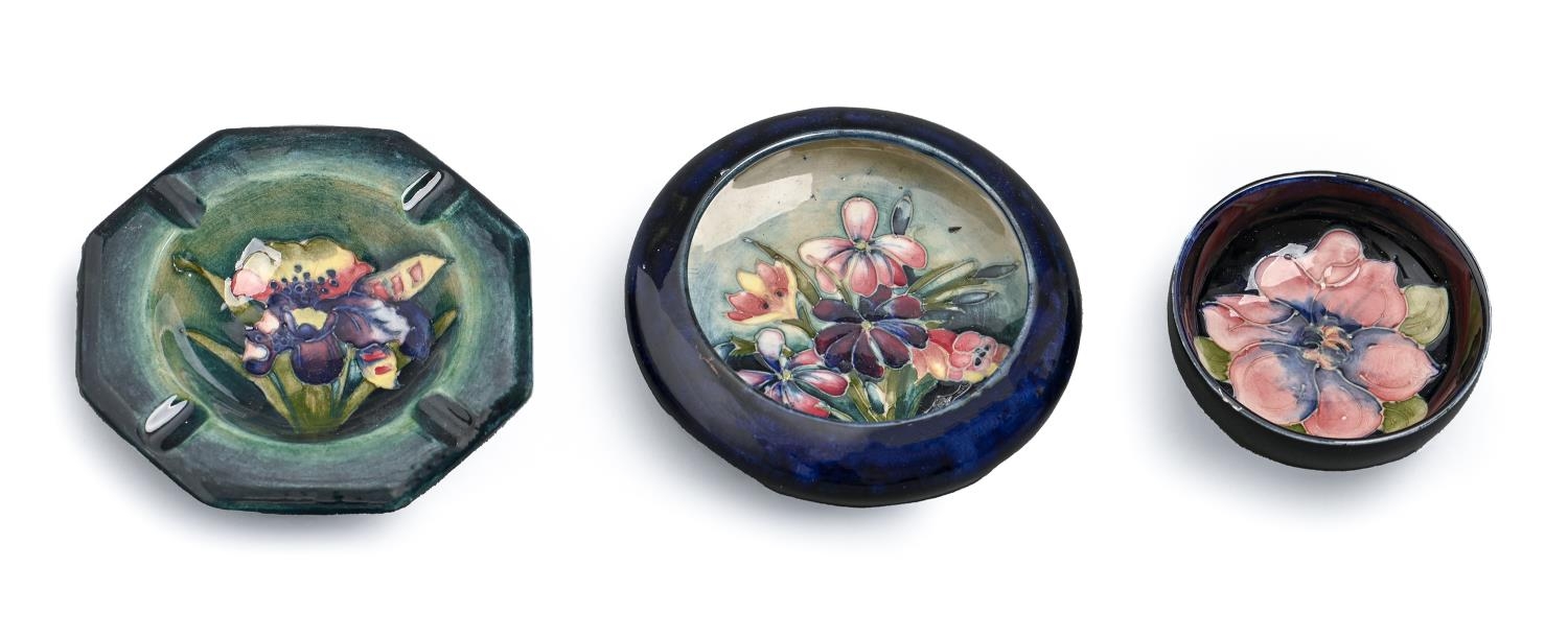 A Moorcroft orchid ashtray and two others,  pre 1949 - 1970s, various sizes, impressed marks Good