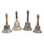 Four English special purpose handbells, the ferrule of two stamped FIDDIAN, one also marked c1939