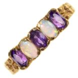 A five stone opal and amethyst ring, early 20th c, in 9ct gold, date letter rubbed, 2.3g, size P