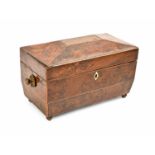 A George IV yew wood and line inlaid tea chest,  the fitted interior with pair of caddies and