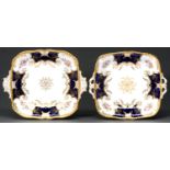 Two Coalport shaped square blue batwing pattern dishes, 1918, 27 and 29cm over handles, printed mark