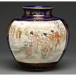 A Japanese Satsuma vase by Kozan, Meiji period, of globular shape and painted with two rectangular
