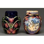 Two Moorcroft ginger jars and covers, 2000 and 2005, with a butterfly or floral pattern, 15cm h,