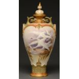 A Royal Worcester vase and cover, 1908, painted by C Baldwyn, signed, with swans before the