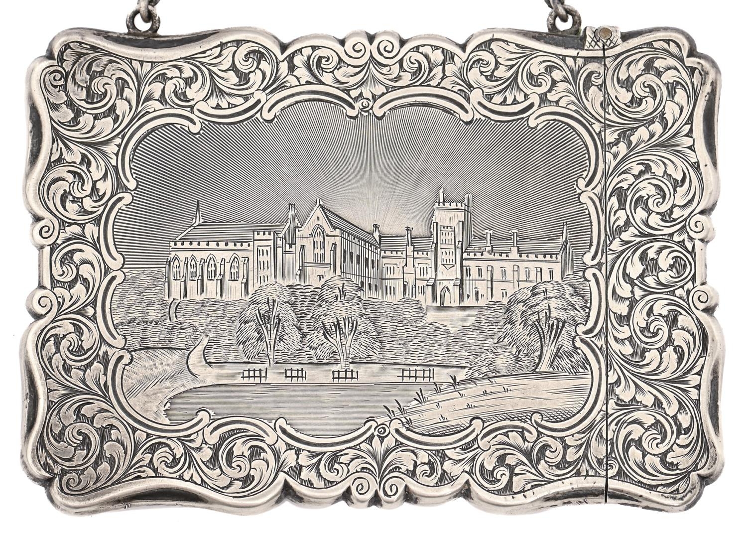 A Victorian silver 'card top' card case, engraved with Queen's College Cork, Ireland bordered by