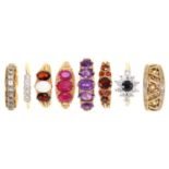 Eight gold rings, variously gem set, 27.5g, various sizes Good condition