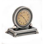 A Swiss white enamel and niello desk timepiece, E. Gubelin Lucerne, c1930, 80mm h, marked WERA and