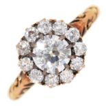 A diamond cluster ring, with old cut diamonds, in gold, marks obscured, 3.9g, size O
