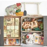 A set of Edwardian children's paper covered wood building blocks, in papered wood box and cover,