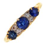 A sapphire and diamond ring, early 20th c, in gold marked 18ct, 3.2g, size M Slight wear to facets