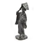 A Japanese bronze sculpture of a musician, Meiji period, the young woman holding a shamisen, her