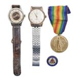 A WWI Victory medal,  48694 Pte C Stratton, Son L I, a Smiths Empire plated  wristwatch and two