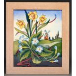 A Moorcroft plaque, 2012, of daffodils and a windmill, 24.5 x 20cm, impressed and printed marks