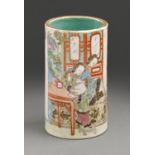 A Chinese famille rose brush pot, Qing dynasty,  19th c,  enamelled with two ladies at a table,