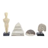 A museum replica resin Cycladic sculpture, a white painted wood model of a pyramid and two other